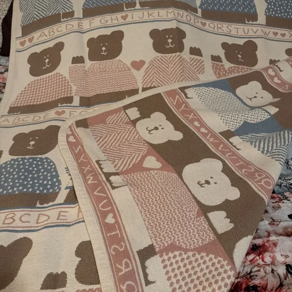VTG 80s Pat Meyers Bear Alphabet Double Woven 100%Cotton Warm Baby Blanket 48x60